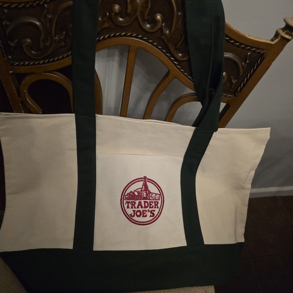 NWT - Large Trader Joes Green and Cream Tote Bag - Picture 2 of 8